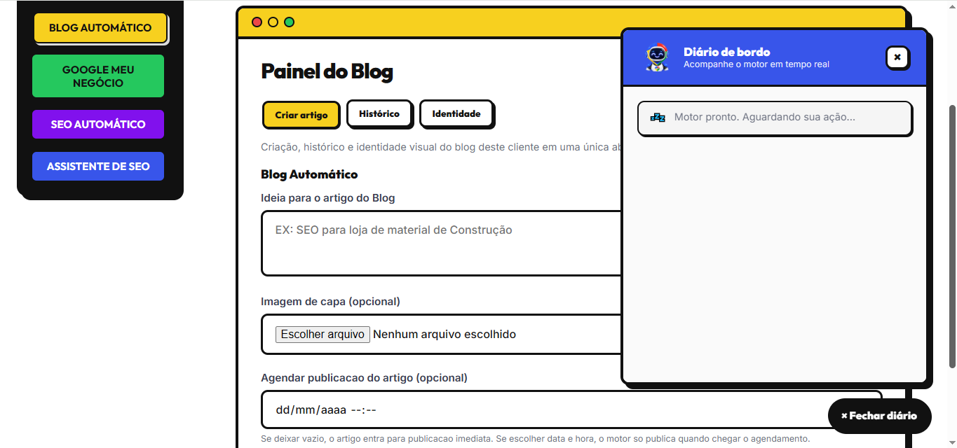 Painel real de publicação do Blog Automático