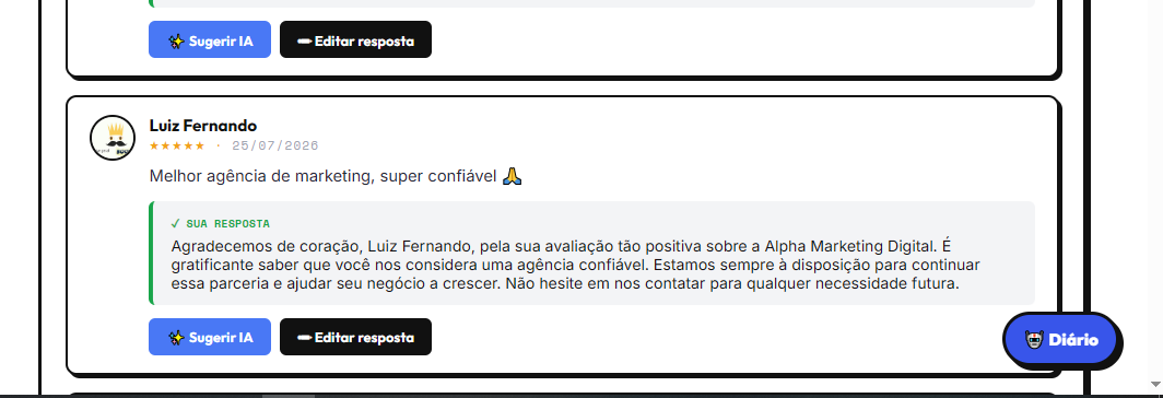 Painel real de avaliações do Perfil da Empresa