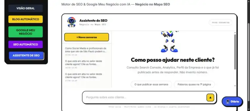 Cliente selecionado no Assistente de SEO
