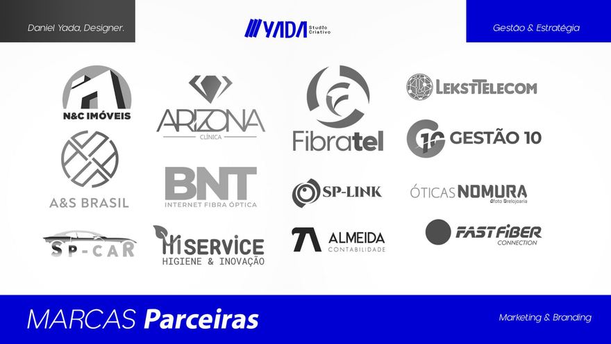 Grade com quatorze logotipos de marcas atendidas